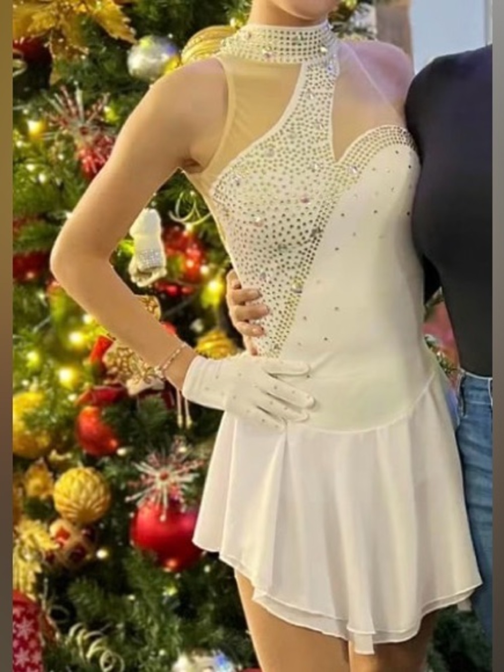 Women’s Sleeveless Turtle Neck White with Gold Gems Figure Skating Dress